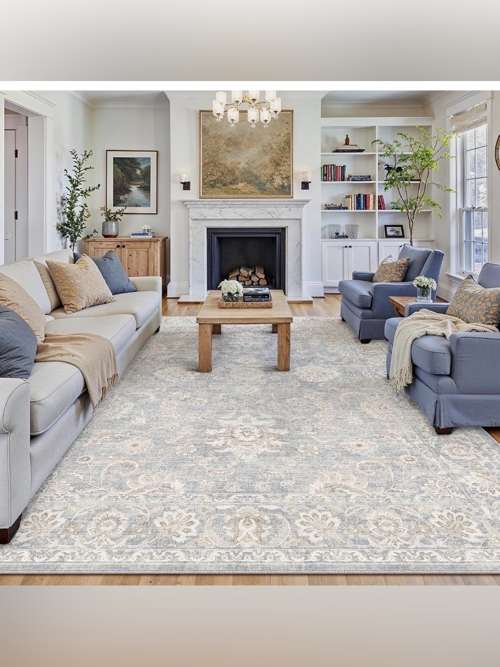 8x10 Blue Washable Area Rug for Living Room